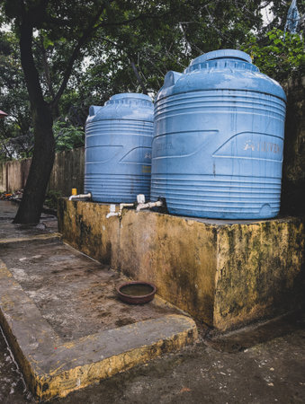 July2nd2025 Dehradun Uttarakhand India. Two large blue water tanks on a concrete platform outdoors.の写真素材