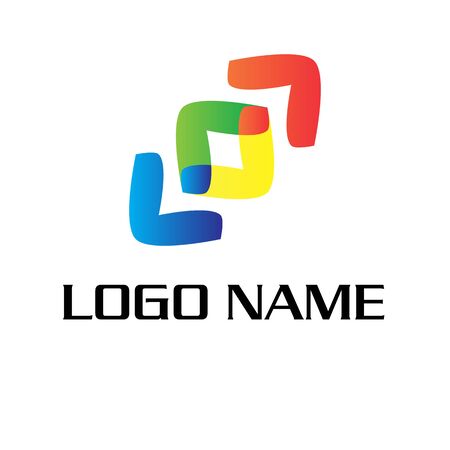 two direction of colorful arrows with a square in the middle. Unity, society, community, friendship logo vector template. Designed to show variations of different ideas but still in the same formのイラスト素材