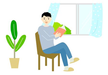 a man who reads a book while ventilatedのイラスト素材