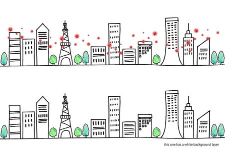 town covered with covid-19 illustration set with white background layerのイラスト素材