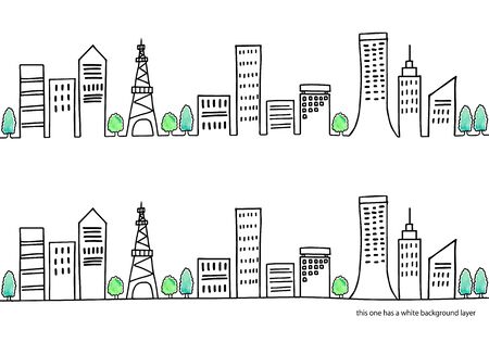 hand painted town illustration set with white background layerのイラスト素材