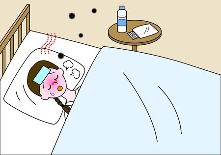 Illustration of a woman recuperating at home in bedのイラスト素材