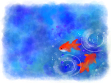 Watercolor goldfish and blue abstract backgroundの写真素材