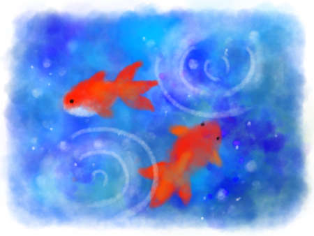 Watercolor goldfish and blue abstract backgroundの写真素材