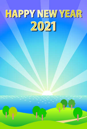 New Year's card template of the sea and the town at the start of the first day / verticalのイラスト素材