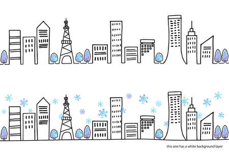 Illustration set of the townscape and snow in winterのイラスト素材