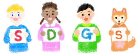 Crayon-style hand-drawn illustration of a child with an SDGs message boardのイラスト素材