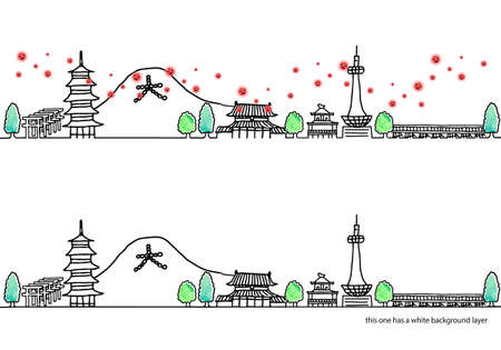 Simple handwritten cityscape of Kyoto and new coronavirus line art setのイラスト素材