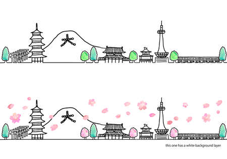 Simple handwritten spring cityscape line art set in Kyotoのイラスト素材