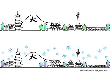 Simple handwritten winter cityscape line art set in Kyotoのイラスト素材