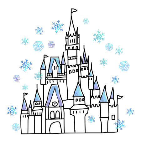 Winter Cinderella Castle Handwritten Line Drawing Illustrationのイラスト素材