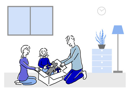 Simple flat illustration of family opening courierのイラスト素材