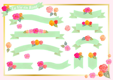 Watercolor hand drawn banner ribbon illustration set / greenの写真素材