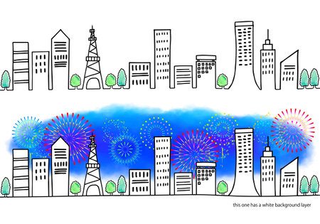 Handwritten line drawing set of cityscape and fireworksのイラスト素材