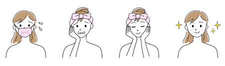 Handwritten illustration set of women to skin careのイラスト素材