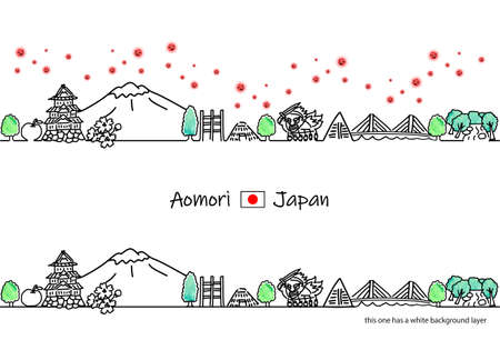 Aomori cityscape and new coronavirus line drawing illustration setのイラスト素材