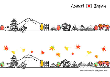 Aomori cityscape simple line drawing illustration set in autumnのイラスト素材