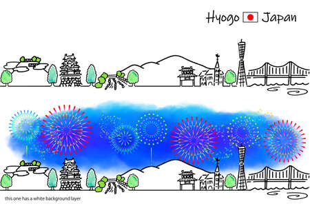 Simple line drawing set of hyogo cityscape and fireworksのイラスト素材