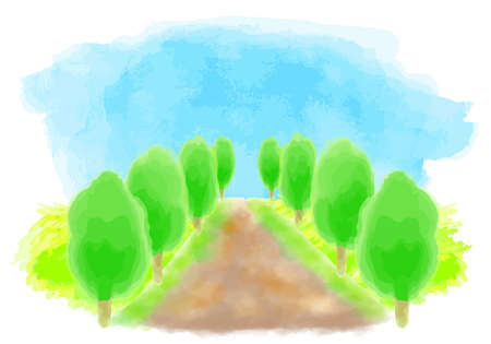 Watercolor illustration of green tree-lined roadのイラスト素材