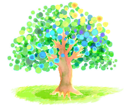 Handwritten Watercolor Trees and Grasslandsの写真素材