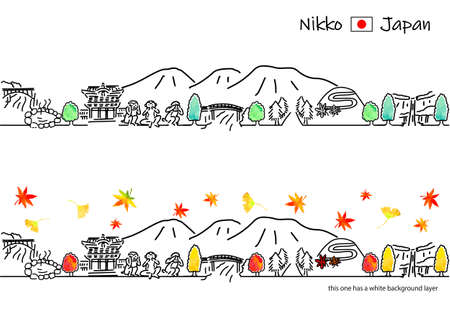 A simple line drawing set of the cityscape of Nikko in autumnのイラスト素材