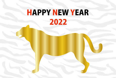 New Year's card template with golden tiger silhouette and tiger pattern backgroundのイラスト素材