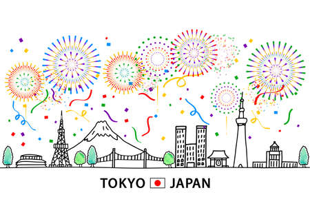 hand drawing cityscape TOKYO Japan and fireworksのイラスト素材