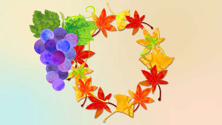 watercolor Autumn leaves and red grapeの写真素材