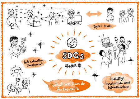 Sustainable Development Goals GOAL9 image hand drawn cmyk illustration setのイラスト素材