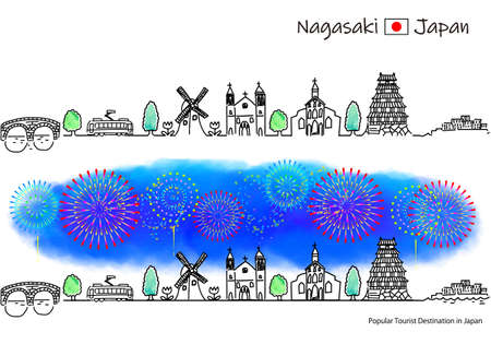 hand drawing cityscape NAGASAKI prefecture and fire worksのイラスト素材