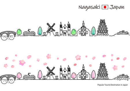 hand drawing cityscape NAGASAKI prefecture in Springのイラスト素材