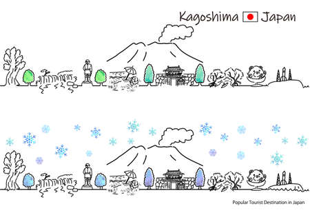 Townscape simple line drawing set of sightseeing spots in Kagoshima Prefecture in winterのイラスト素材