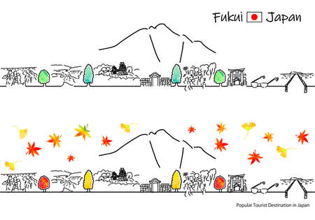 hand drawing cityscape FUKUI prefecture in Autumnのイラスト素材