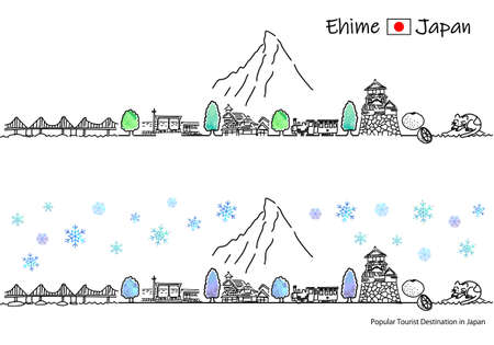 Townscape simple line drawing set of sightseeing spots in Ehime Prefecture in winterのイラスト素材