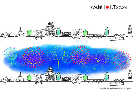 A simple line drawing set of the townscape and fireworks of sightseeing spots in Kochi Prefectureのイラスト素材