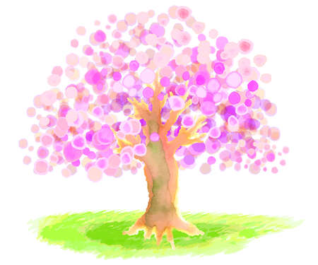 hand painted watercolor cherry blossom tree and grass illustrationの写真素材
