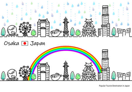 hand drawing cityscape OSAKA  Japan in Rainy season illustration setのイラスト素材