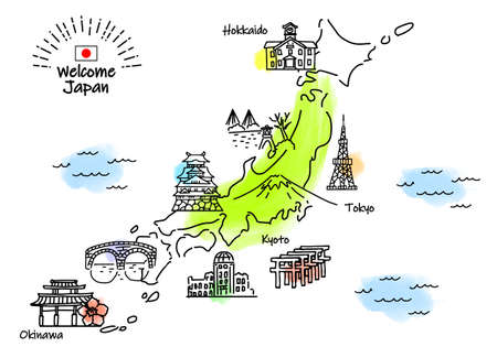 Hand-drawn map of Japan and simple line drawing illustration of sightseeing spotsのイラスト素材