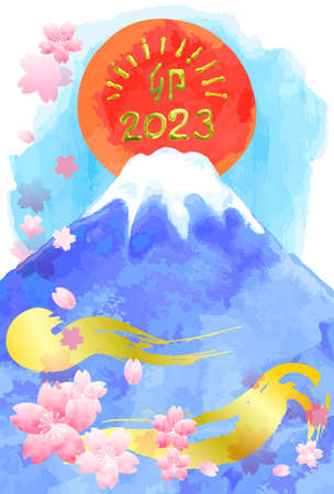 Watercolor Mt. and Cherry Blossom New Year's Cards Vertical Template 2023 (no Kagami)の写真素材