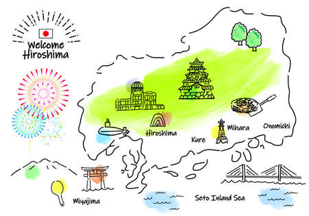 Hand-drawn Hiroshima Prefecture sightseeing spot simple line drawing illustration mapのイラスト素材