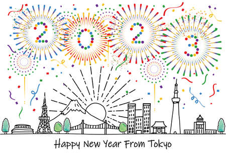 Tokyo cityscape and fireworks simple line drawing 2023 New Year's card templateのイラスト素材