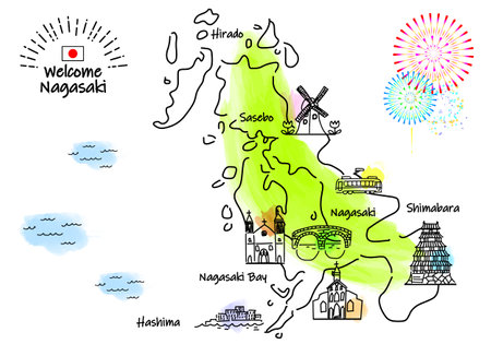 Hand-drawn simple line drawing illustration map of sightseeing spots in Nagasaki Prefectureのイラスト素材