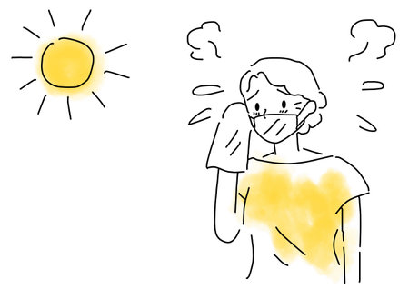Simple illustration of a senior woman with a mask steamy and hotのイラスト素材