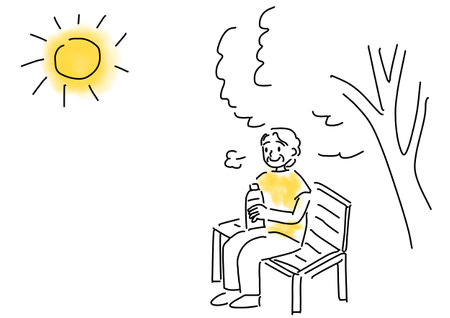 Simple illustration of a senior woman rehydrating on a bench in the shade of a treeのイラスト素材