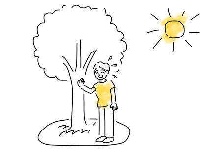 Simple illustration of a senior woman resting in the shade of a treeのイラスト素材