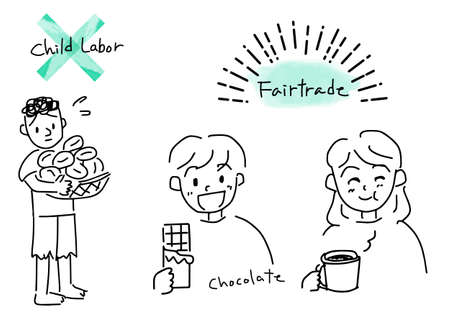 Illustration of a smiling child eating chocolate with child labor in the cacao industryのイラスト素材
