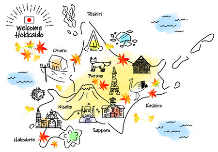 Simple line drawing illustration map of Hokkaido sightseeing spots in autumnのイラスト素材