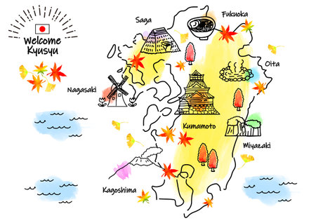 Autumn Kyushu sightseeing spot simple line drawing illustration mapの写真素材