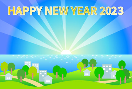 New Year's card template for sunrise and cityscape on the sea 2023の写真素材