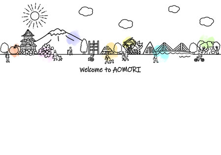Simple line drawing illustration of the cityscape and people of tourist spots in Aomori Prefectureのイラスト素材